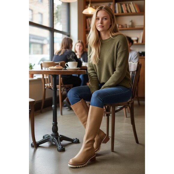 Bernardo Shoes - Bernardo Susana Calfskin Tall Riding Boots in Beige/Tan US 10M